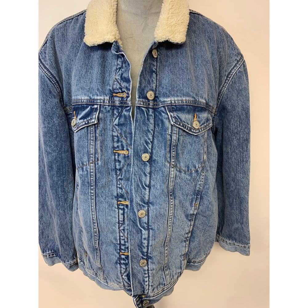 Old Navy Boyfriend Denim Bomber Jacket Classic Trucker Sherpa Womens SZ XL - Picture 2 of 9